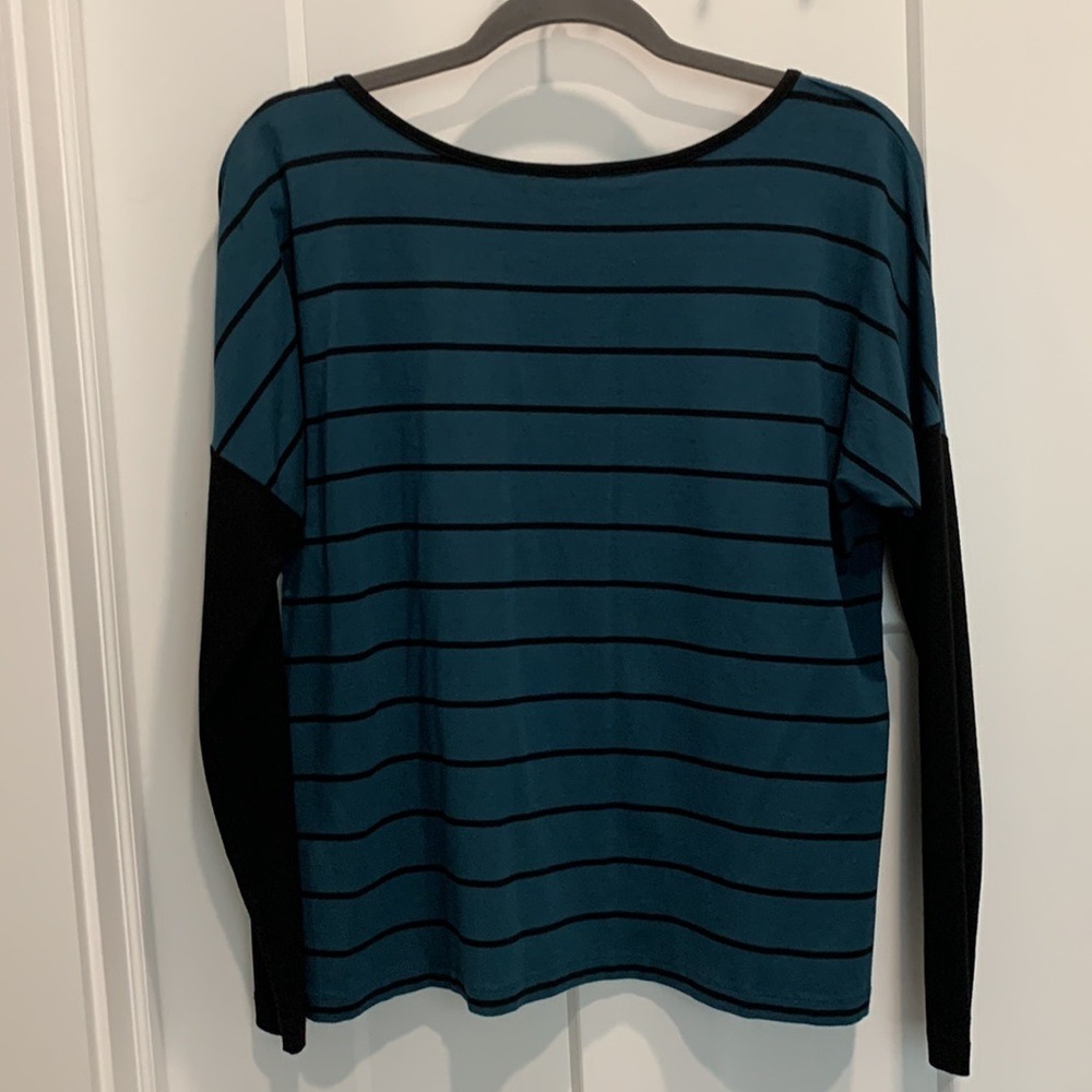 Tricotto Teal Blue Black Stripe Scoop Neck Drop Shoulder Boxy Top Women's Size S - Picture 6 of 10